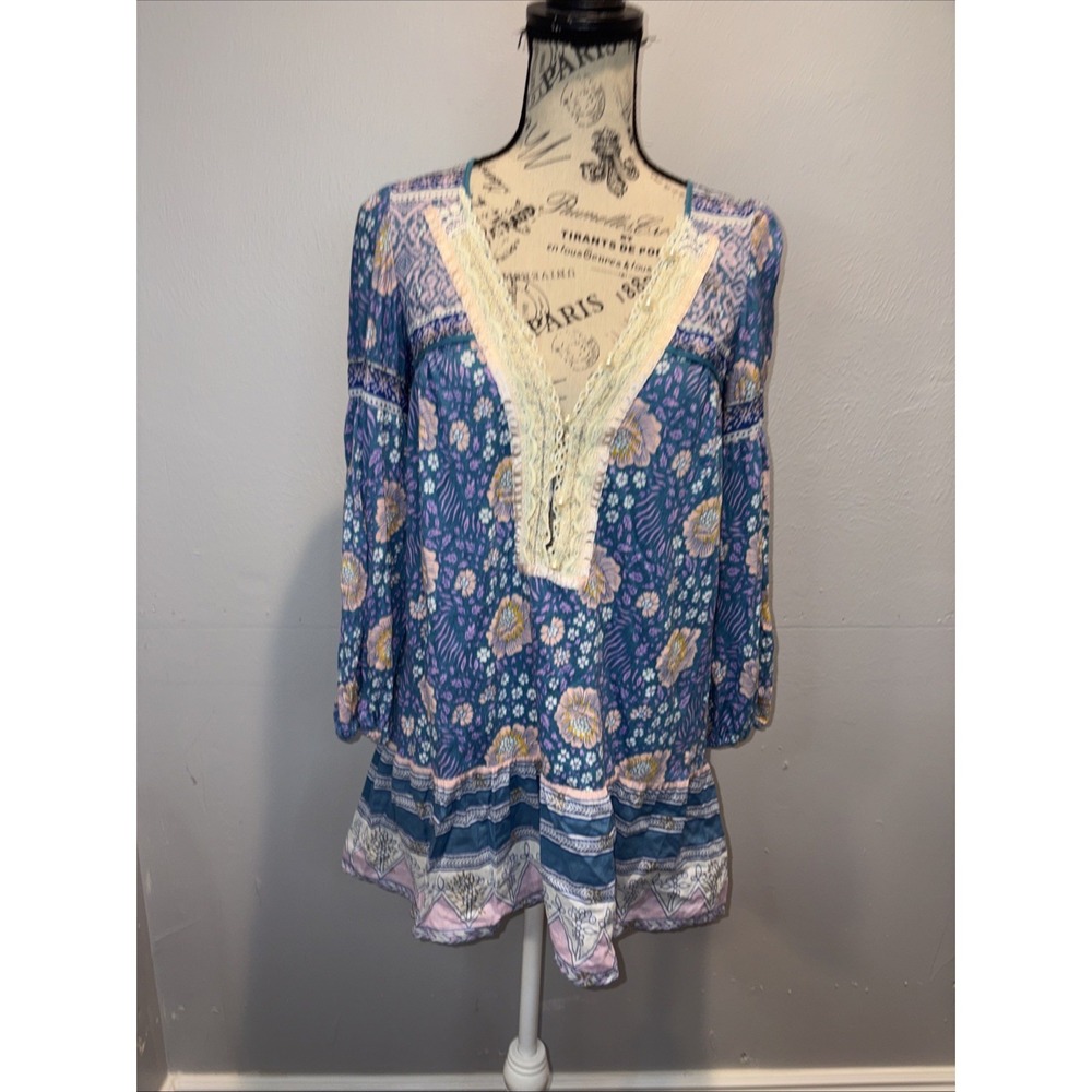 Free People Floral Boho Lace Button Detail Blouse Sweet Poland Tunic Small
